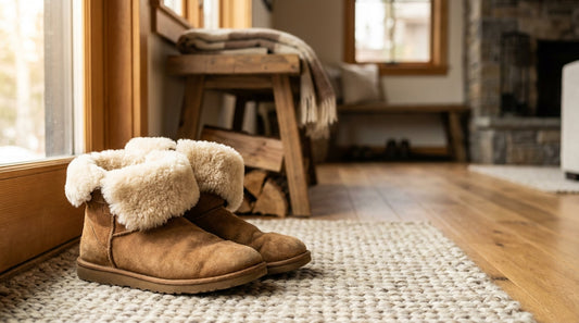 A pair of tan suede fur-lined boots resting on a woven wool doormat beside a wooden entryway bench.