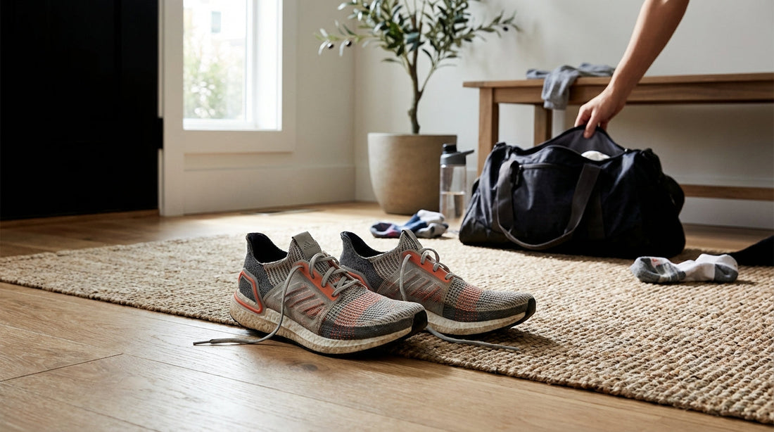 A pair of modern running shoes sitting on a clean entryway mat near a gym bag, suggesting a recent workout.