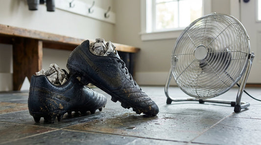 Wet soccer cleats with crumpled newspaper and a floor fan in a mudroom setup to show how to dry and deodorize soccer cleats in 24 hours.