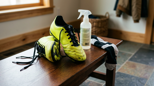 A pair of neon yellow youth soccer cleats with loose laces next to a spray bottle on a wooden mudroom bench.