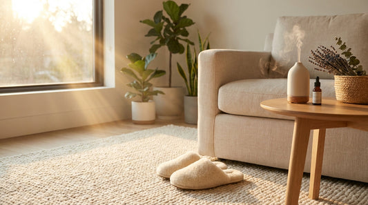 A pair of cozy, shearling-lined slippers resting on a plush cream rug in a sun-drenched living room, evoking a fresh and clean home environment.