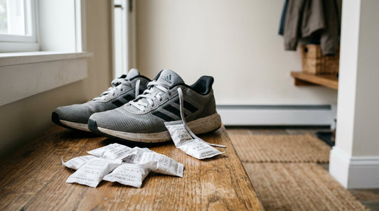 A pair of grey mesh running shoes sitting on a wooden entryway bench next to several small white silica gel desiccant packets.