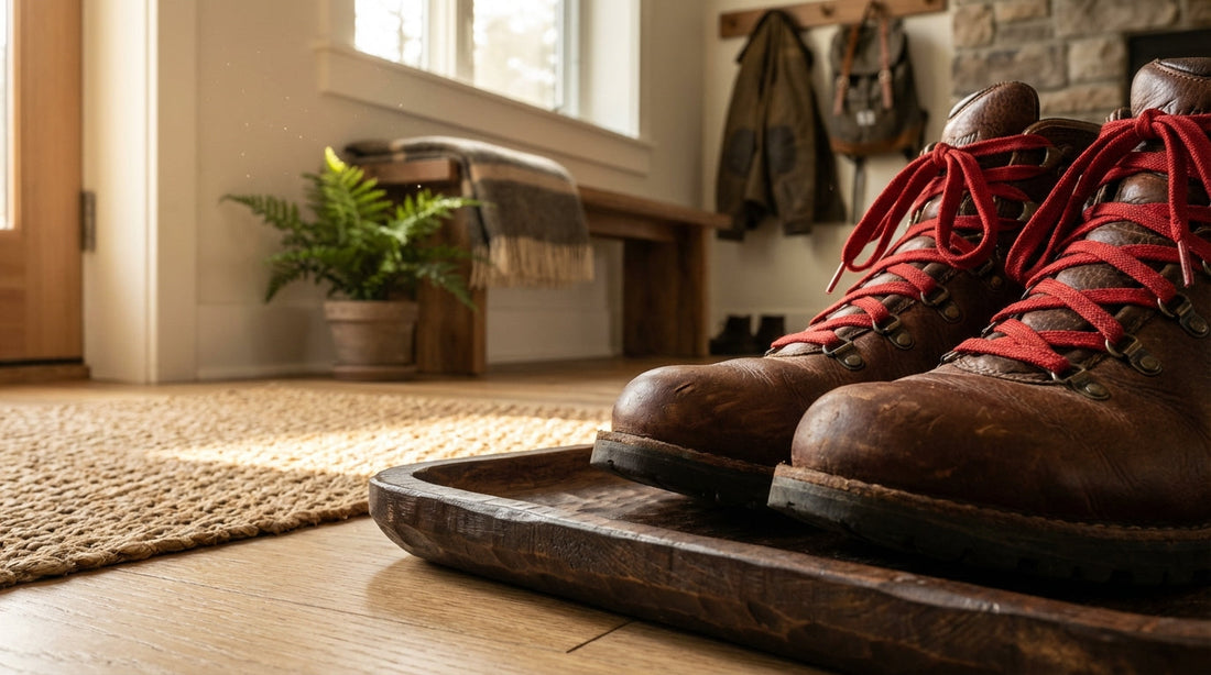 Pair of leather hiking boots with red laces on a wooden boot tray in a sunlit entryway.