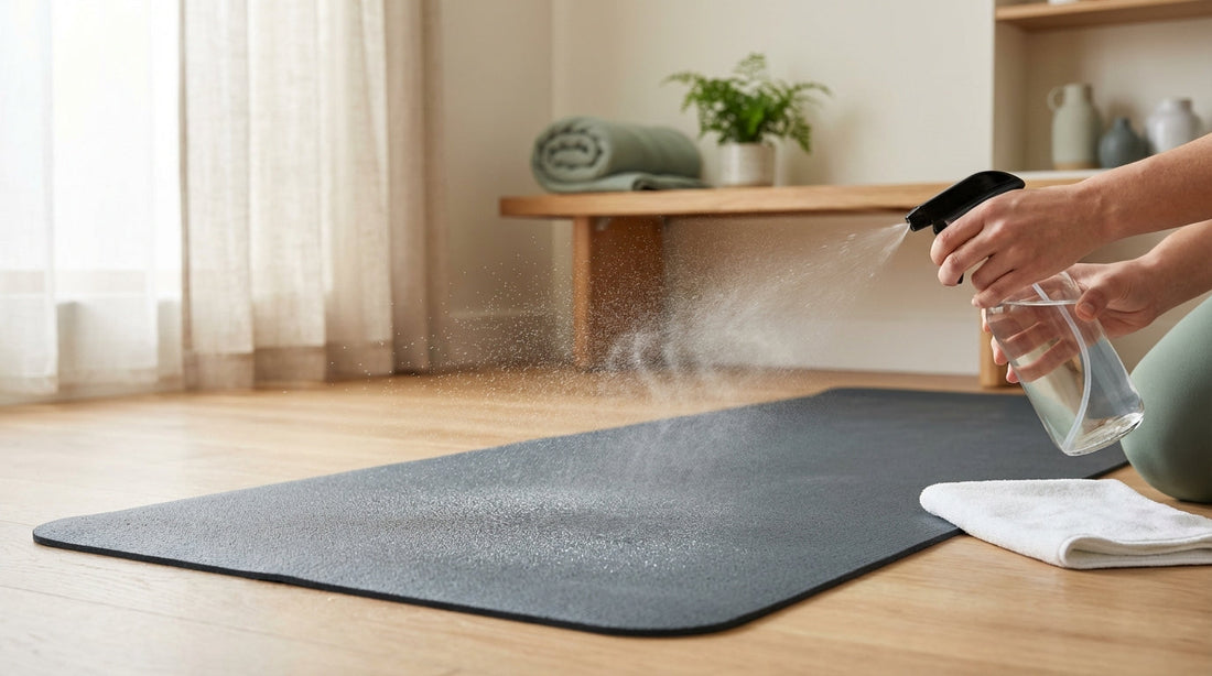 A natural rubber yoga mat spread on a light wood floor with a spray bottle and microfiber cloth nearby