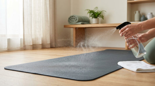 A natural rubber yoga mat spread on a light wood floor with a spray bottle and microfiber cloth nearby