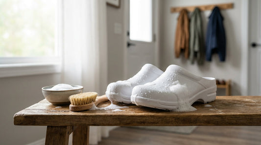 White rubber hospital clogs and a natural bristle scrubbing brush on a wooden entryway bench with soft window light.