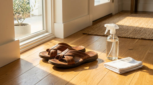 Brown leather sandals on a sun-drenched wooden floor next to a glass spray bottle and a white microfiber cloth.
