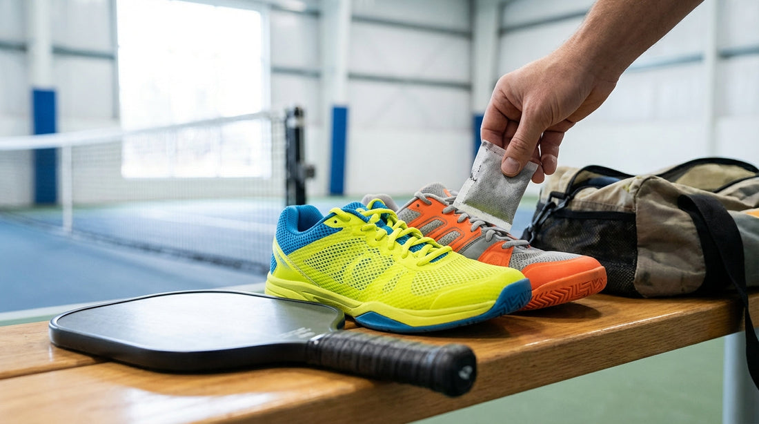 Pickleball shoes and a paddle on a wooden bench, illustrating the best pickleball shoe deodorizing hacks.