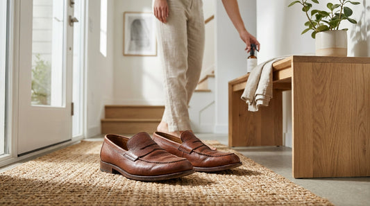 A pair of classic brown leather loafers resting on a woven jute doormat next to a minimalist wooden shoe bench in a bright entryway.