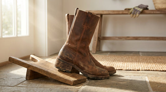 A pair of brown leather farm boots resting on a stone tile floor next to a wooden boot jack in a sunlit mudroom.