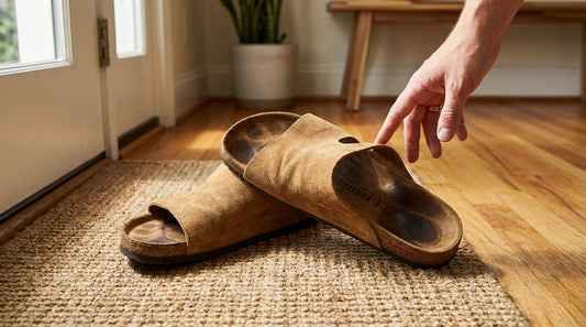 Smelly nubuck cork sandals kicked off on a textured doormat in a home entryway.