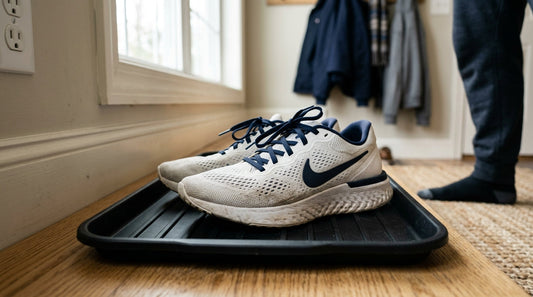 White mesh running shoes on a mudroom tray showing why shoes suddenly stink due to trapped moisture