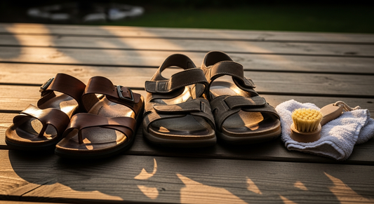 A pair of worn leather sandals and suede walking sandals resting on a sunny wooden deck, Natural sandal odor remover products nearby