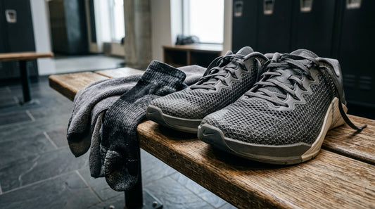 A pair of mesh gym shoes, moisture-wicking socks, and a rolled gym towel on a locker room bench.