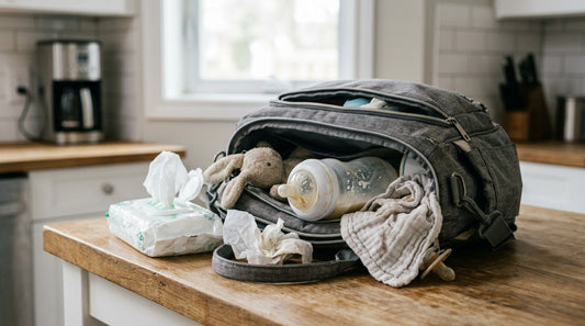 A cluttered nylon diaper bag with crumpled wipes, a half-empty milk bottle, and a matted stuffed animal on a kitchen counter.