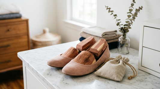 A pair of blush pink suede ballet flats, aromatic cedar shoe inserts, and a small linen drawstring sachet arranged on a white marble tabletop.