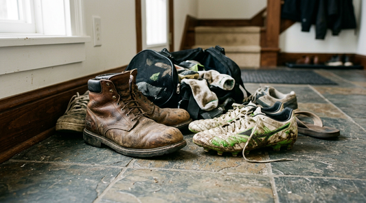 A pile of family footwear including grass-stained soccer cleats, leather work boots, and a mesh gym bag on a slate entryway floor