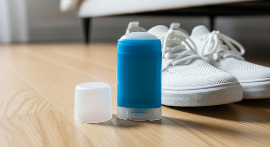 A blue stick of deodorant sitting next to a pair of white knit sneakers on a light wood bedroom floor.