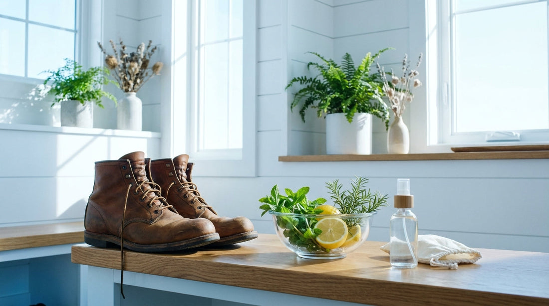A bright, clean mudroom bench with a pair of leather boots and fresh eucalyptus leaves, evoking an aluminum-free shoe freshener routine.
