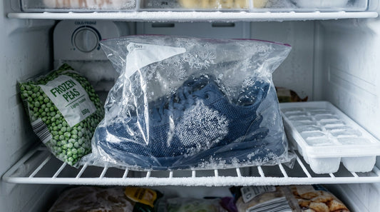 A pair of navy blue mesh sneakers inside a clear plastic bag sitting on a domestic freezer shelf next to a bag of frozen peas and ice cubes.