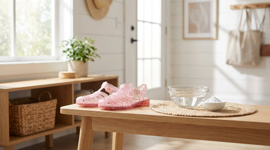 A pair of pink translucent jelly sandals on a wooden bench next to cleaning supplies like vinegar and baking soda.