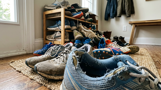A messy pile of worn mesh sneakers and colorful soccer cleats overflowing from a wooden shoe rack on a woven jute mat.