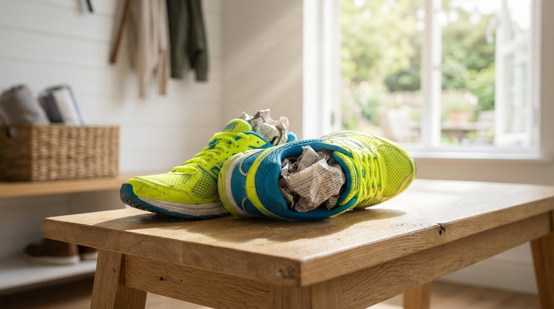 Neon mesh running shoes with crumpled newspaper inside sitting on a sunlit wooden bench near an open window.