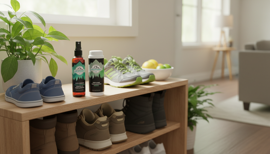 Lumi Outdoors Shoe Deodorizer Bundle | 1 Natural Spray & 1 Powder in family entryway surrounded by stinky kids' shoes, natural odor elimination solution