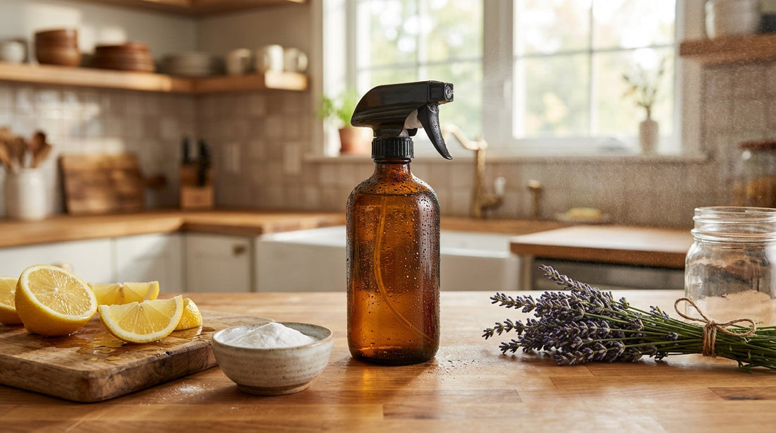 A natural home freshening station with an amber glass spray bottle, sliced lemons, and fresh lavender sprigs on a kitchen counter.