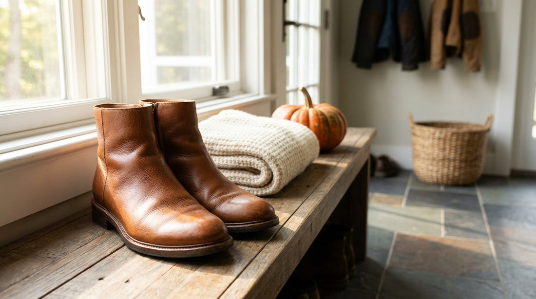 A pair of clean cognac leather ankle boots sitting on a weathered wooden bench next to a chunky knit wool scarf and a small orange pumpkin.