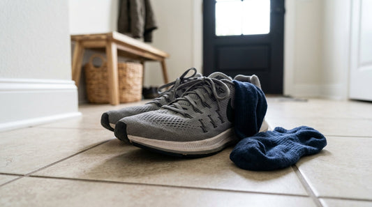 Grey mesh running sneakers and navy socks on a tiled floor by an entryway door.