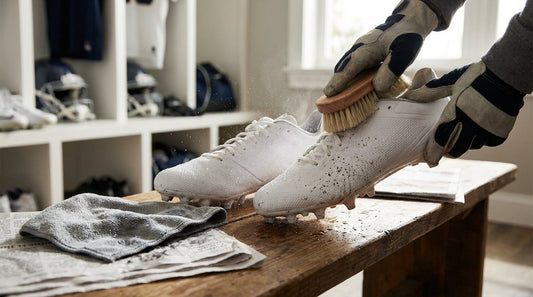 A pair of white synthetic football cleats being cleaned with a soft brush and microfiber cloth on a mudroom bench.