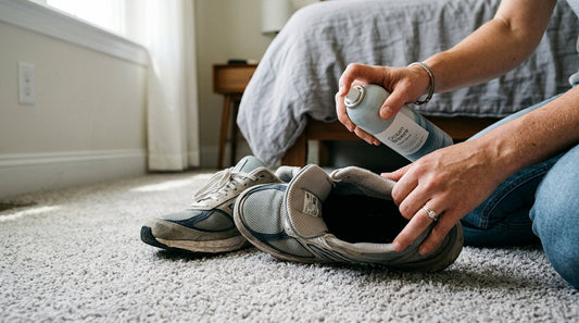 A hand pointing an aerosol room spray at a pair of running shoes on the floor, illustrating the cause of air freshener shoe rash.