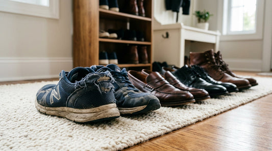 A pair of worn sneakers on a guest rug next to clean leather shoes evoking social anxiety about hand sanitizer on smelly shoes.