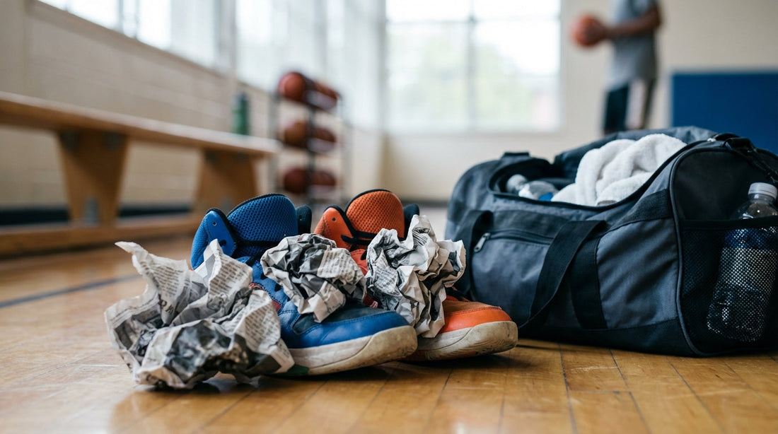 High-top basketball sneakers with crumpled newspaper stuffed inside on a gym floor next to a sports bag