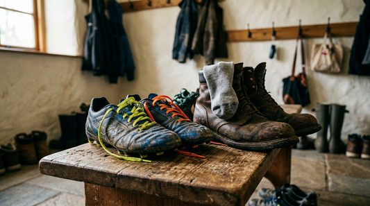 A pair of scuffed soccer cleats and leather work boots on a wooden bench representing the lumi vs cedar shoe inserts test.