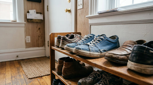 A cluttered apartment entryway with several pairs of worn-in sneakers and leather loafers on a wooden shoe rack.