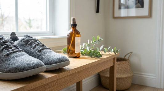 A pair of grey wool sneakers next to a natural spray bottle and fresh eucalyptus on a light wood table.