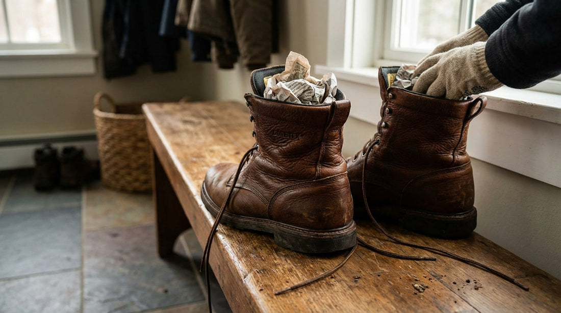 A pair of brown leather Gore-Tex work boots stuffed with newspaper on a wooden mudroom bench to remove odor.