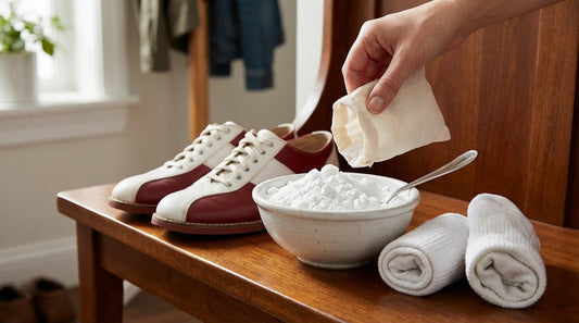 Two-tone bowling shoes on a wooden bench next to a bowl of baking soda and white cotton socks for deodorizing.