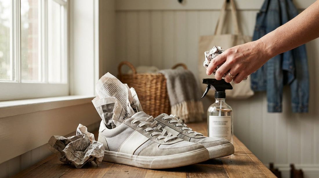 A pair of athletic sneakers, crumpled newspaper, and a spray bottle on a light wood mudroom bench with natural morning light.