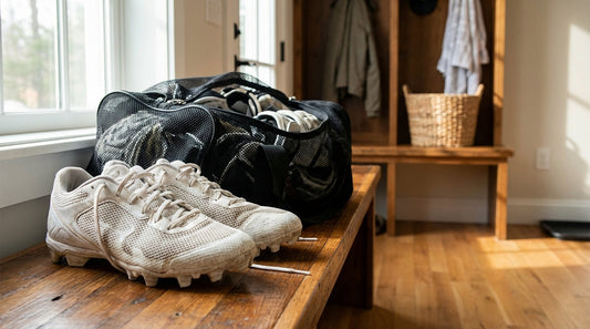 White lacrosse cleats with molded studs and an unzipped mesh gear bag on a wooden mudroom bench