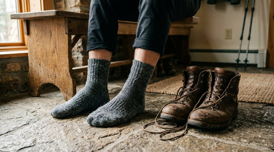 Someone wearing grey merino wool socks sitting on a wooden bench next to a pair of unlaced leather hiking boots on a stone floor.