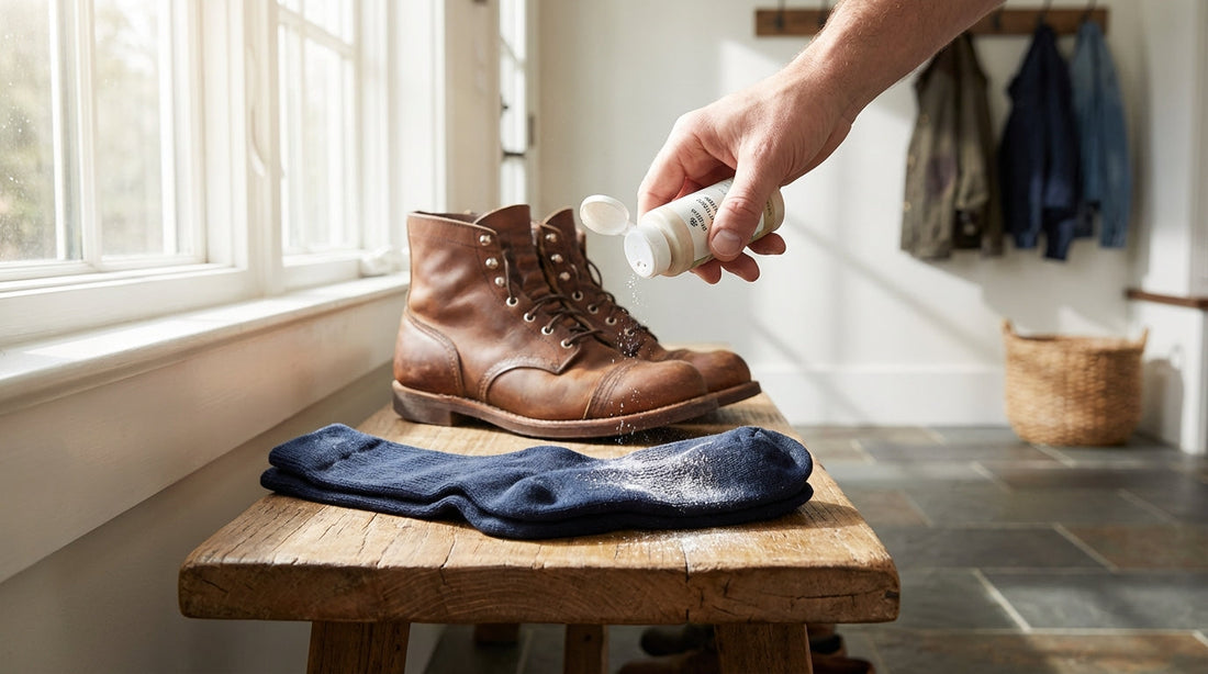 A pair of leather work boots and cotton socks on a wooden bench with a dusting of natural foot powder.
