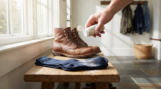 A pair of leather work boots and cotton socks on a wooden bench with a dusting of natural foot powder.