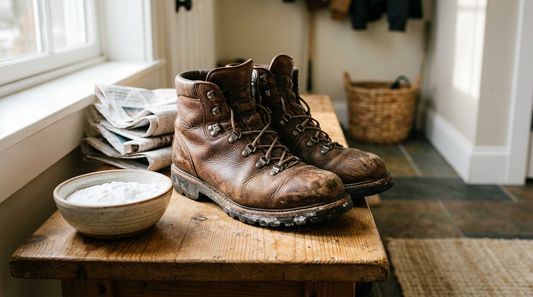 A pair of leather winter boots, a stack of newspapers, and a small wooden bowl of baking soda on a mudroom bench.