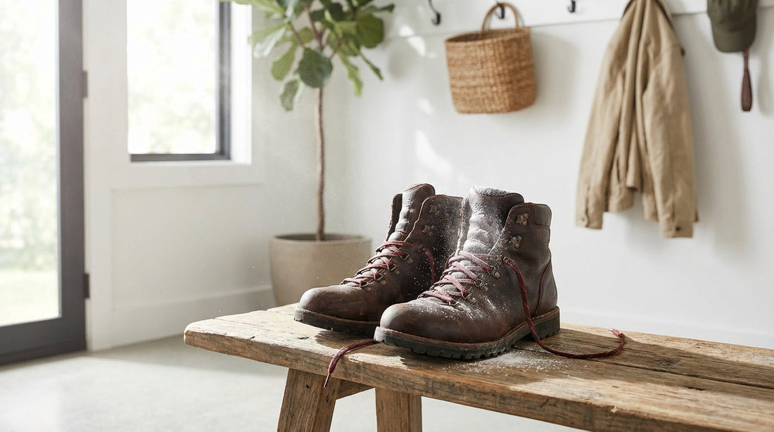 A pair of leather hiking boots on a rustic wooden bench with a light dusting of white powder around the opening.