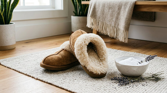 A home remedy for smelly slippers arrangement featuring sheepskin slippers, a bowl of baking soda, and lavender sprigs.
