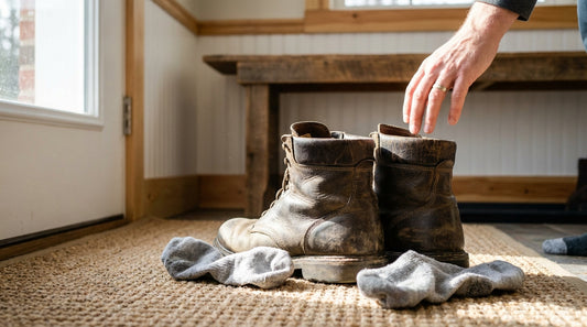 Heavy leather work boots and discarded socks on a woven doormat in a home entryway.