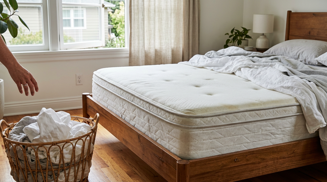 A bare memory foam mattress with stripped sheets in a laundry basket, addressing a smelly mattress.